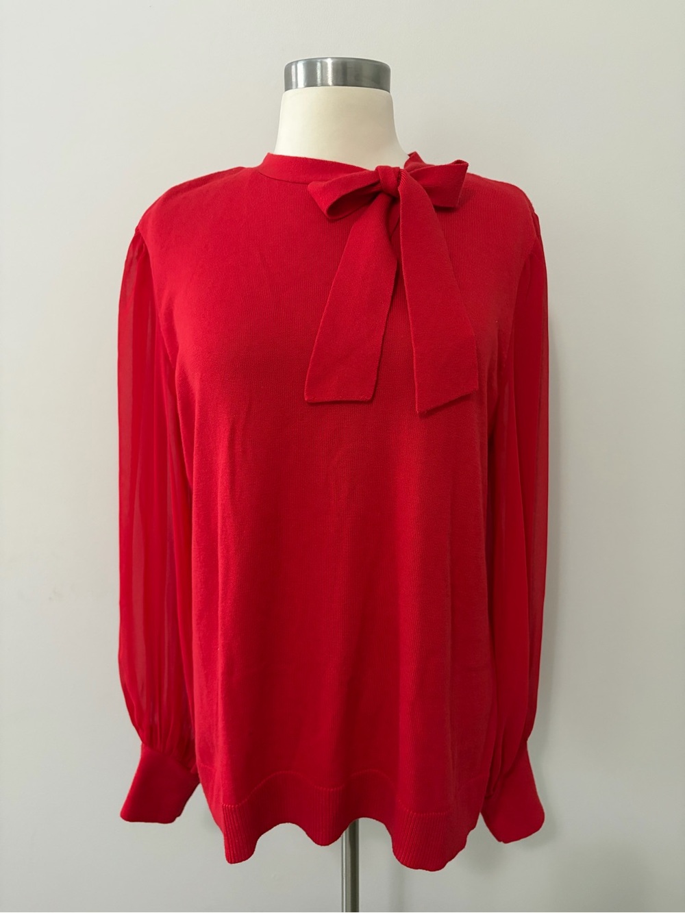 CeCe Mixed Media Red Bow-Tie Sheer Long Sleeve Sweater L Coquette Romantic Chic